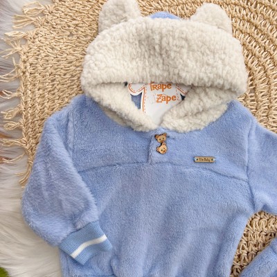 Conj. Casaco Capuz Orelha de Ursinho e Calça de Pelinho - Azul Bebê